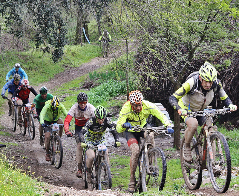 Varios bikers afrontando un repecho en fila a uno por la sierra cordobesa.