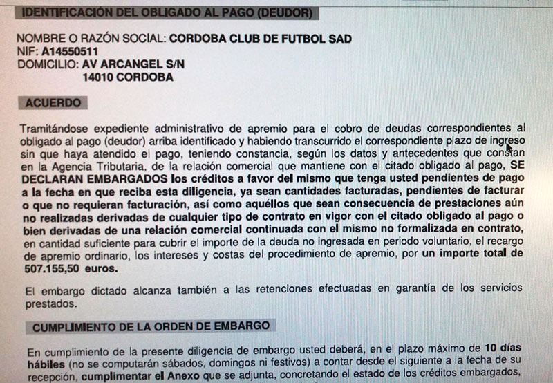 El documento de Hacienda enviado a los patrocinadores del Córdoba CF