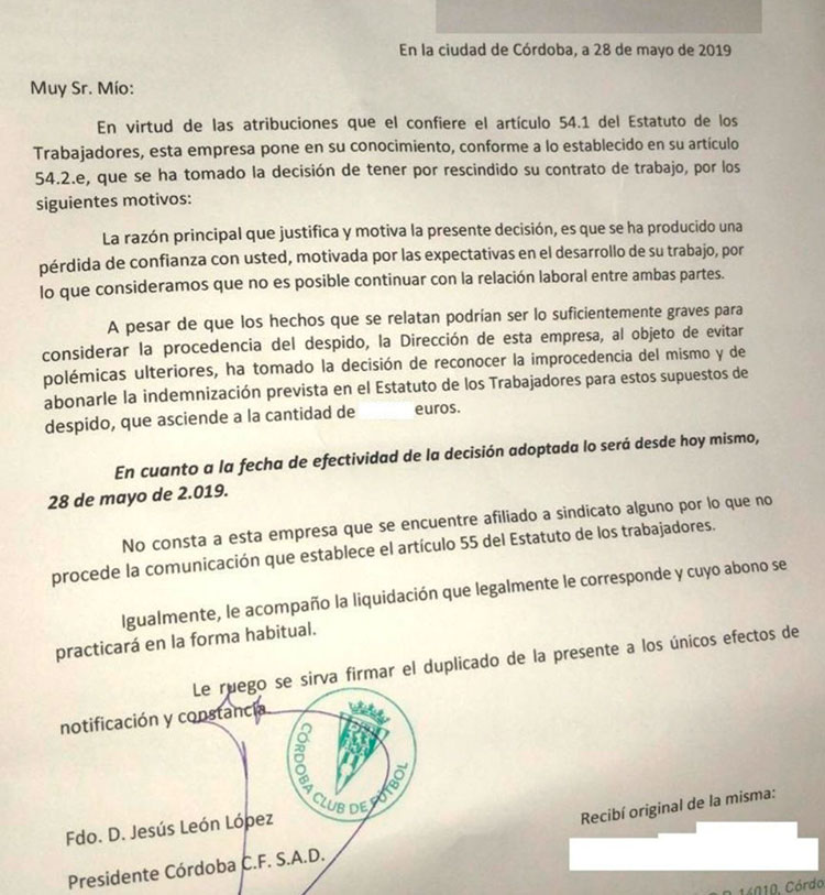 La carta de despido que recibieron los cuatro empleados no deportivos del Córdoba CF hace justo una semana