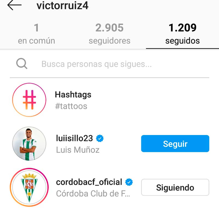 La cuenta de Víctor Ruiz siguiendo al Córdoba CF y Luis Muñoz