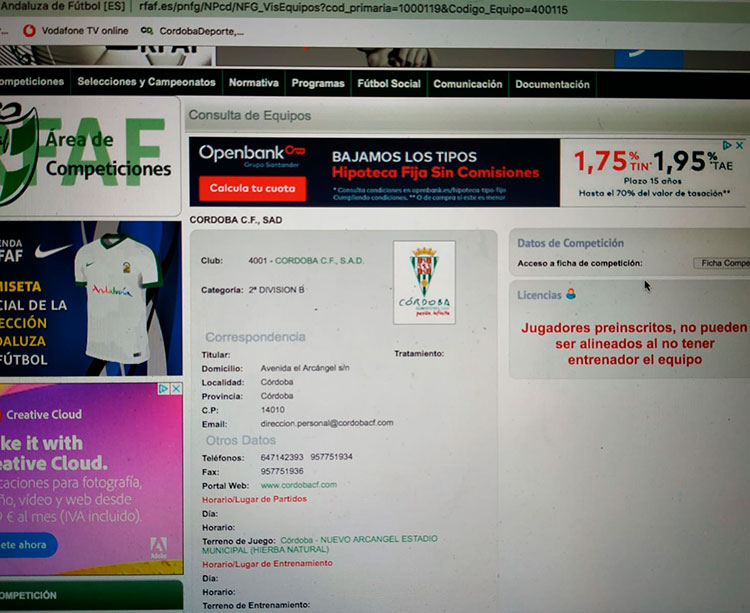 La imagen que aparece en estos momentos en el apartado de competiciones en la web oficial de la Federación Andaluza sobre la situación del Córdoba CF