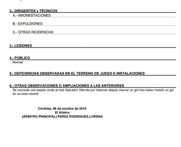 El acta digital del partido entre los alevines del Salvador Allende y el CD HIguerón tramitado por la colegiada Lorena Pérez