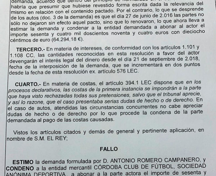 Un extracto de la sentencia condenatoria para el Córdoba CF por los servicios jurídicos prestados por Antonio Romero Campanero desde junio de 2011 a enero de 2018