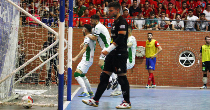 Rafa López, en primer término, se apresta a recoger el balón de la red tras el tanto del Córdoba Futsal en Mengíbar en el partido del ascenso del 1 de junio de 2019. Autor: Paco Jiménez