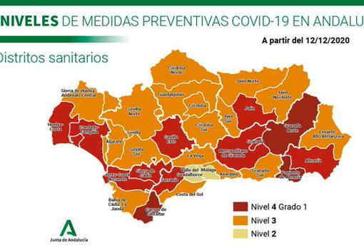 El mapa de Andalucía que rebaja al nivel 3 a toda la provincia de Córdoba.El mapa de Andalucía que rebaja al nivel 3 a toda la provincia de Córdoba.