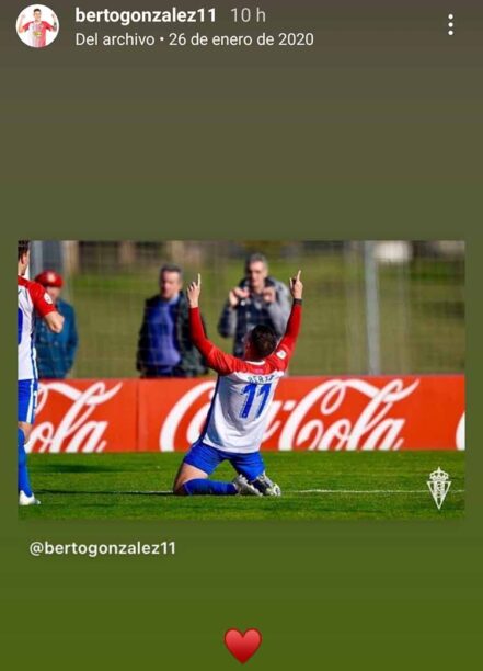 La imagen de archivo que rescató ayer Berto González para recordar su último gol con el filial del Sporting en su stories de Instagram.