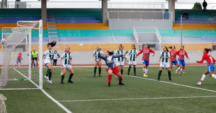 El gol. Gordillo y las jugadoras del Córdoba comprueban como el remate de Pamela encontró la red. Foto: Granada Femenino