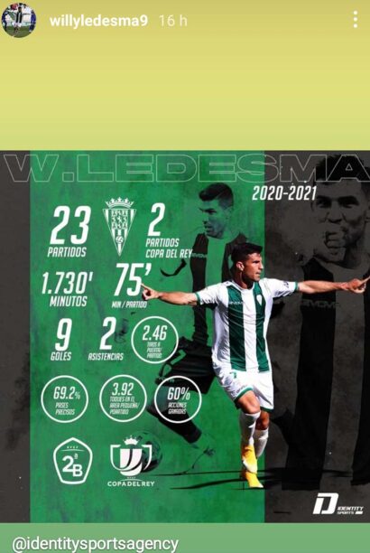 Willy mostró sus números en el Córdoba en una story de Instagram.