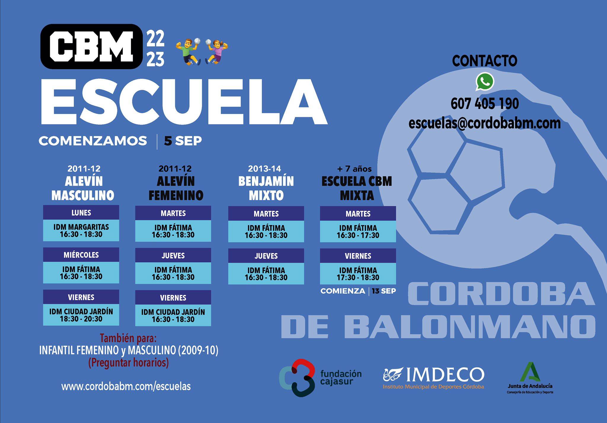 Cartel de la escuela del CBM en el que se indican contacto, fechas y horarios