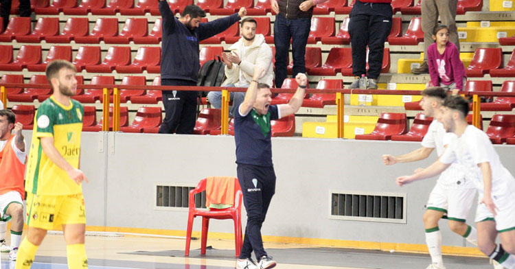 Lolo Vinos celebrando un triunfo en el banquillo califal. Foto: Córdoba Futsal