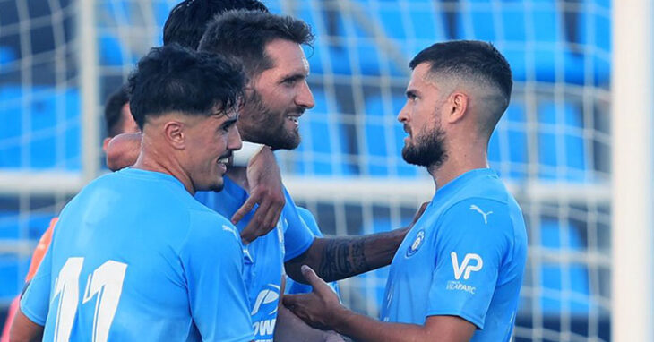 Los jugadores del cuadro ibicenco celebrando un tanto esta pretemporada. Foto: UD Ibiza