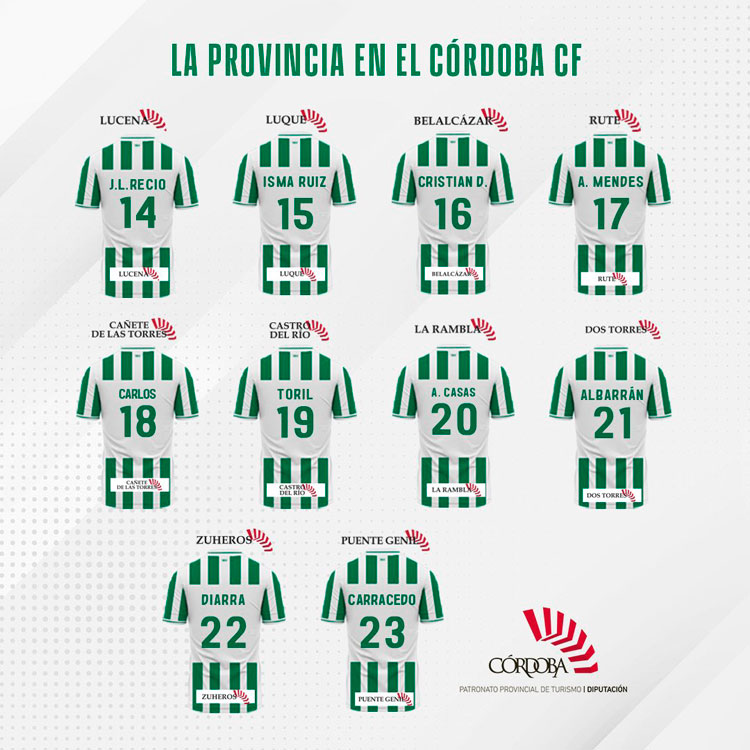 La segunda parte de las camisetas del Córdoba promocionando pueblos de la provincia. Imagen: CCF 