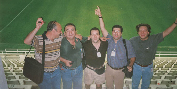 Los periodistas Pepe Cañadillas, Paco Lara, Jesús Márquez, Antonio Postigo y en el Cartagonova en 1999.