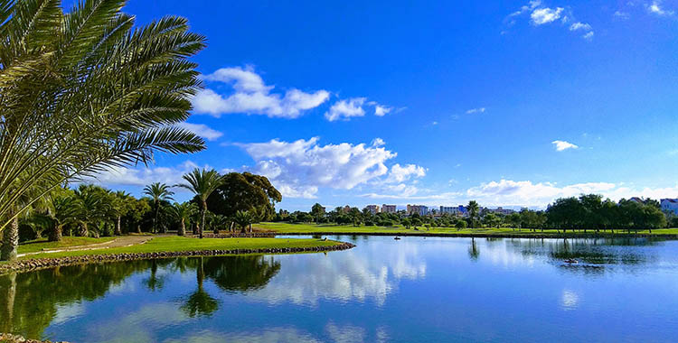 Vista de uno de los espectaculares hoyos del campo de golf de Roquetas de Mar, Playa Serena