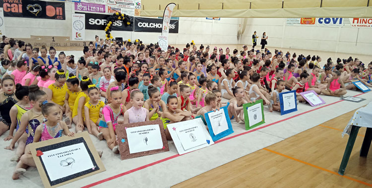 Las muchas gimnastas posando en el tapiz en los prolegómenos del campeonato