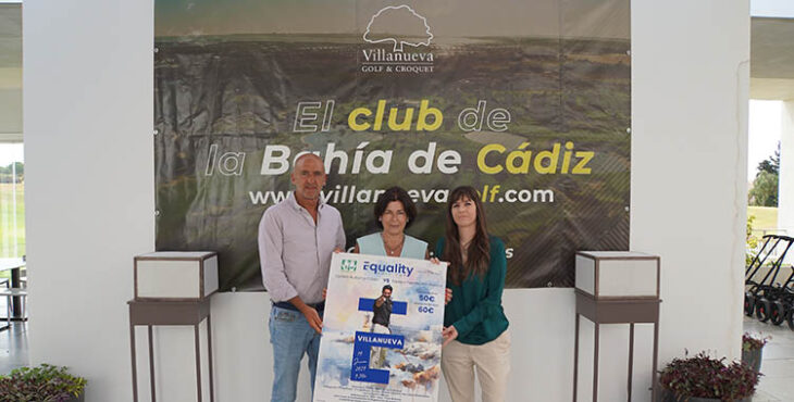 Carmen López, la presidenta de Autismo Cádiz, junto Margarita Pérez-Calderón de Equality Golf Cup y a Santi González, el director-gerente de Villanueva Golf.
