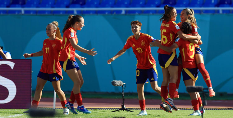 La celebración de España de uno de sus goles a Estados Unidos. Foto: RFEF