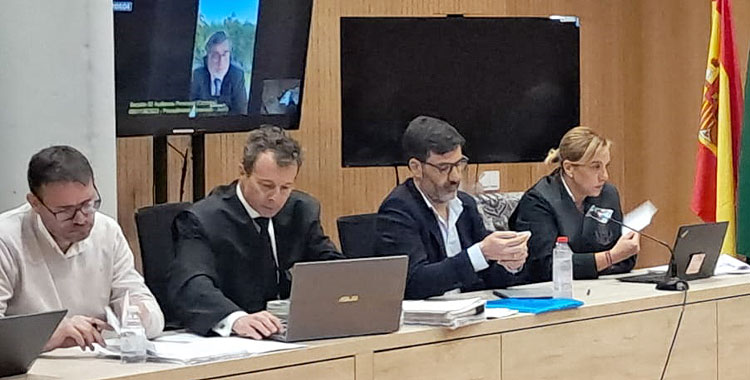 Carlos González declarando por una pantalla situada a la espalda del encausado Jesús León