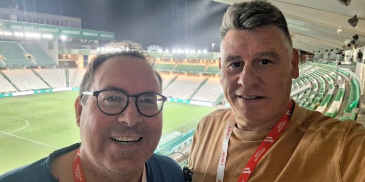 Rafa Fernández y David Jurado valorando el empate final del Córdoba ante el Racing de Santander.