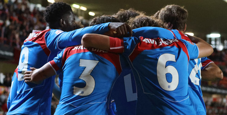 La celebración del Atlético de Madrid B de sus goles en Tarragona. Foto: @AtletiAcademia