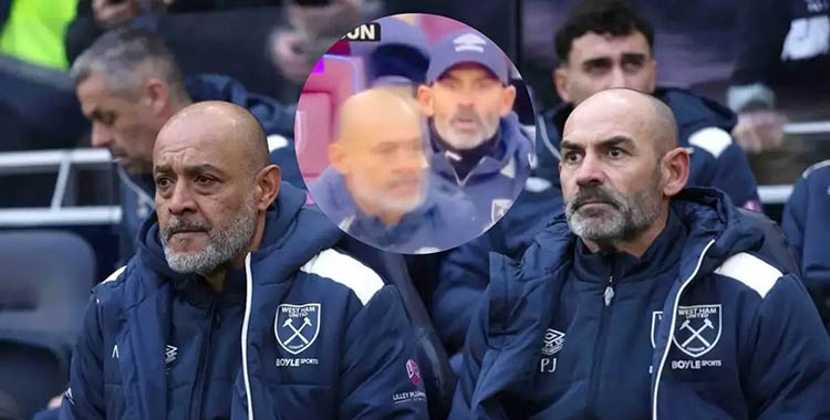Paco Jémez, a la derecha, sentado junto a Nuno durante el partido ante el partido del West Ham ante el Sunderland .